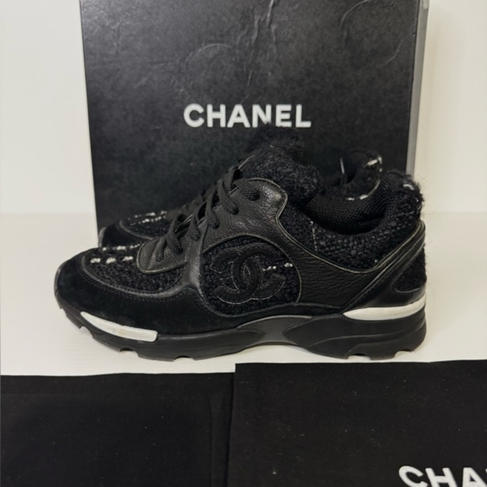 Chanel Black Tweed Suede Sneakers – Size 37.5 – With Box & Dustbags – Authentic